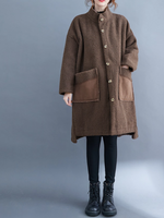 Oversized Lambskin Shearling Coat with Stand Collar and Contrast Patch Pockets
