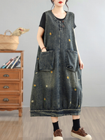 Everyday Ease Denim Dress — Artful Embroidery, Effortless Fit and Pockets
