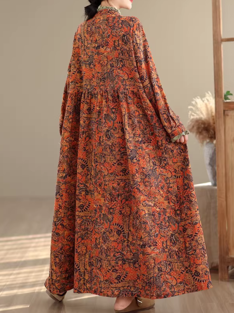 Artful Floral Cotton Boho Maxi Dress with Pintucks and Long Sleeves