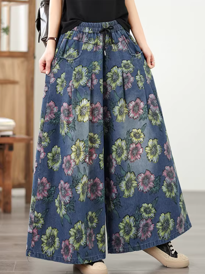Floral Wide-Leg Denim Cotton Palazzo Pants with Pockets, Effortless Chic