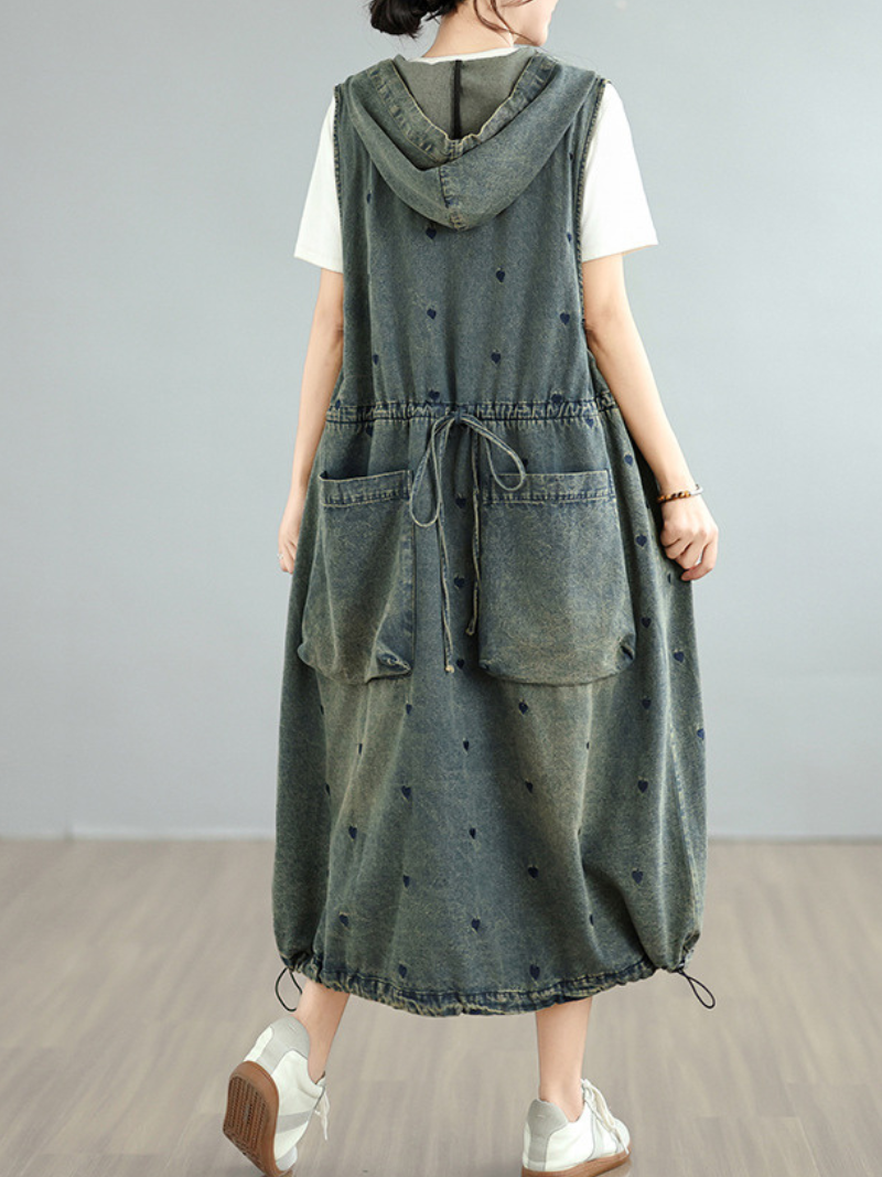 Hooded A-Line Denim Dress with Pockets and Playful Heart Motifs