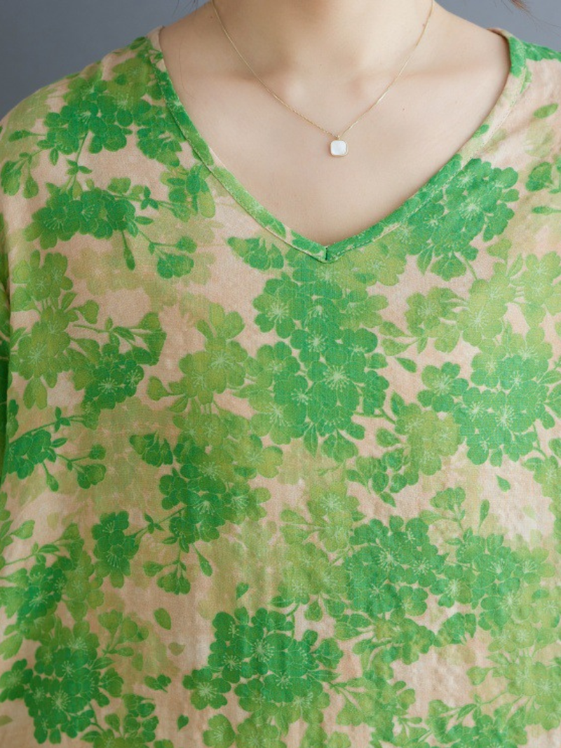 Airy Trapeze Cotton Summer Dress with Artful Print and V‑Neck