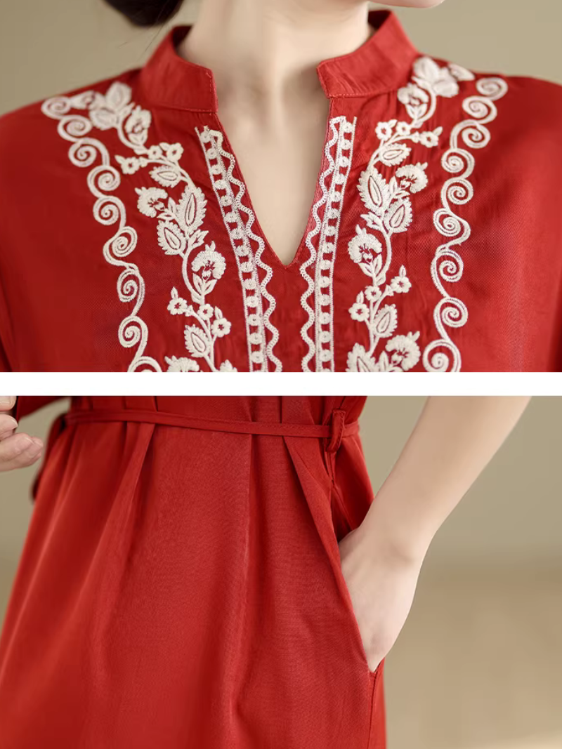 Embroidered Cotton-Linen Kaftan Maxi Dress with Mandarin Neckline