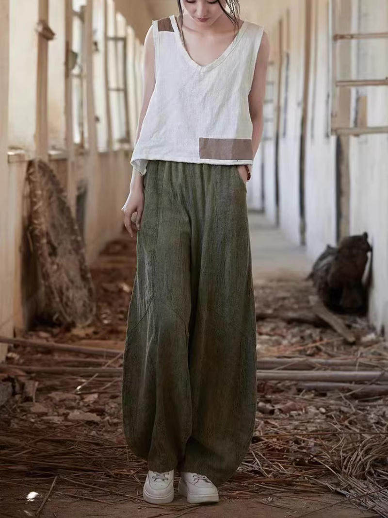 Women’s Wide-Leg Cotton Blend Balloon Pants with Pockets, Minimal Chic