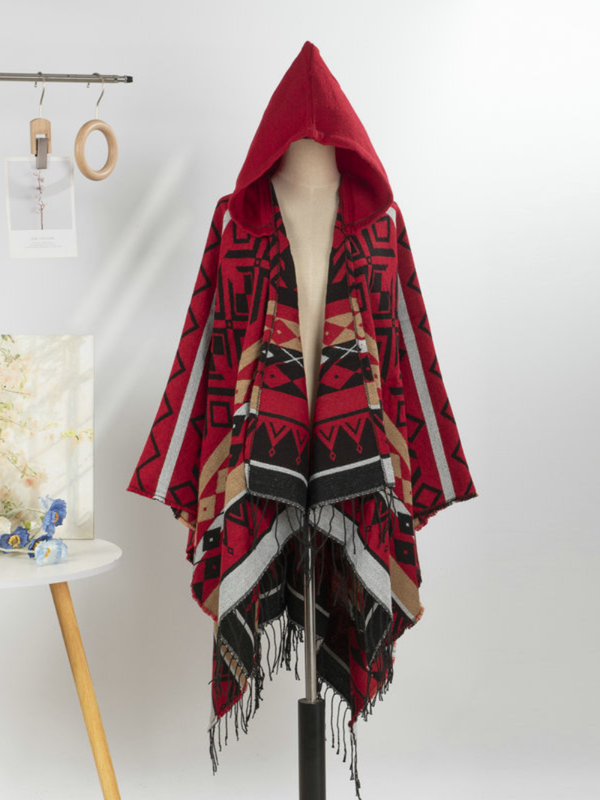 Cozy Weekend Hooded Poncho — Geometric Wrap with Effortless Fit