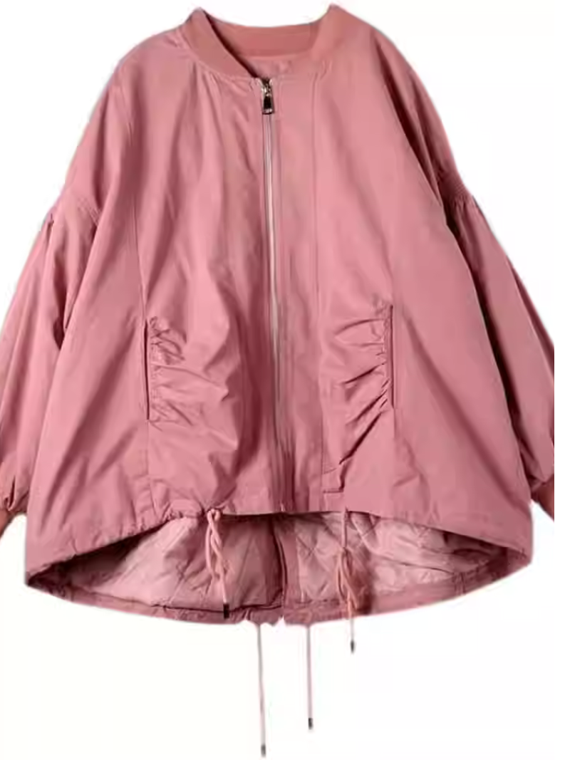 Oversized Ruched-Sleeve Women's Bomber Jacket in Cotton-Nylon Blend, Lightweight Chic
