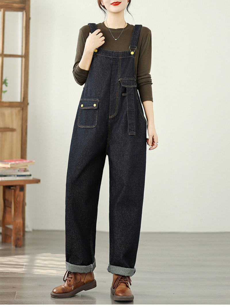 Relaxed Wide-Leg Denim Overalls in Cotton with Utility Pockets, Effortless Chic