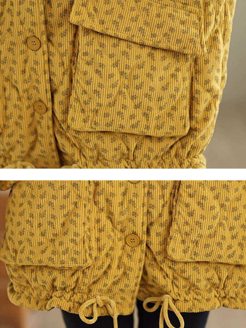 Quilted Corduroy Jacket with Patch Pockets, Round Neck and Drawstring Hem