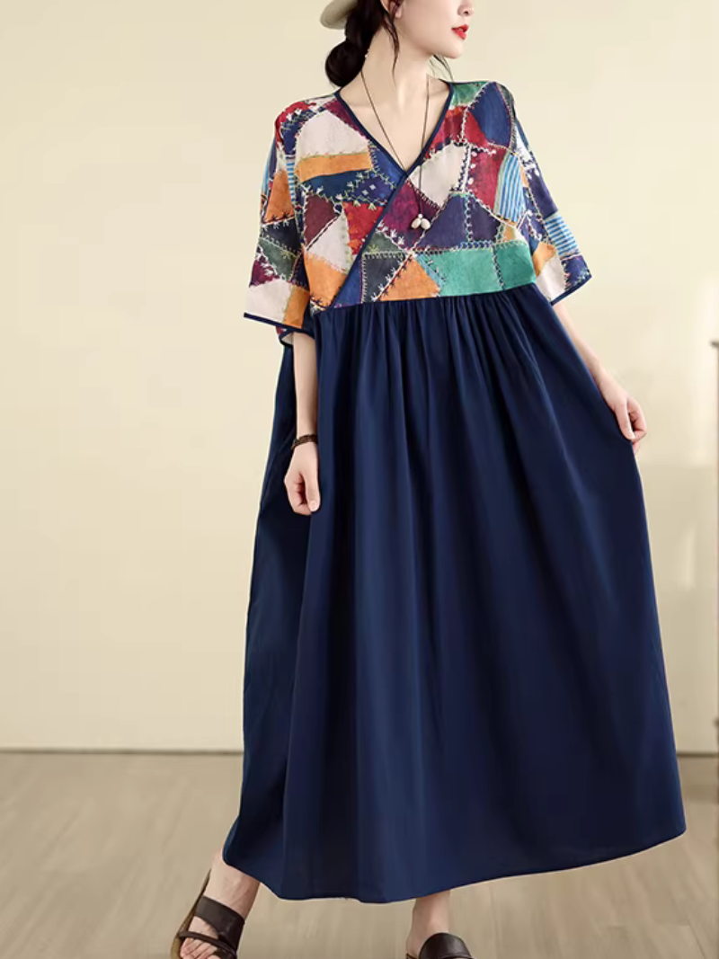 Patchwork V-Neck Boho Maxi Dress in Soft Viscose Blend Elegance