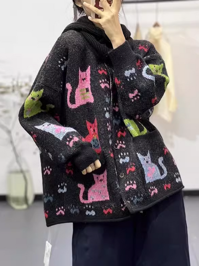 Women's Winter Print Cartoon Loose knitted Warm Cardigan