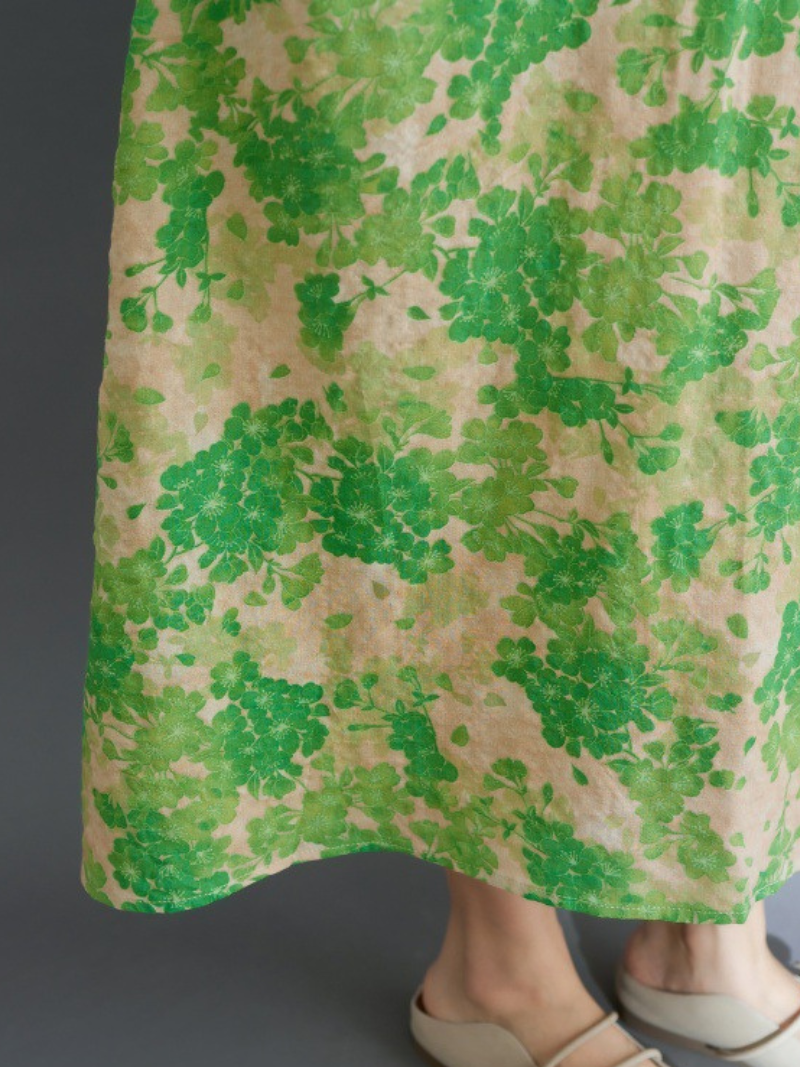 Airy Trapeze Cotton Summer Dress with Artful Print and V‑Neck