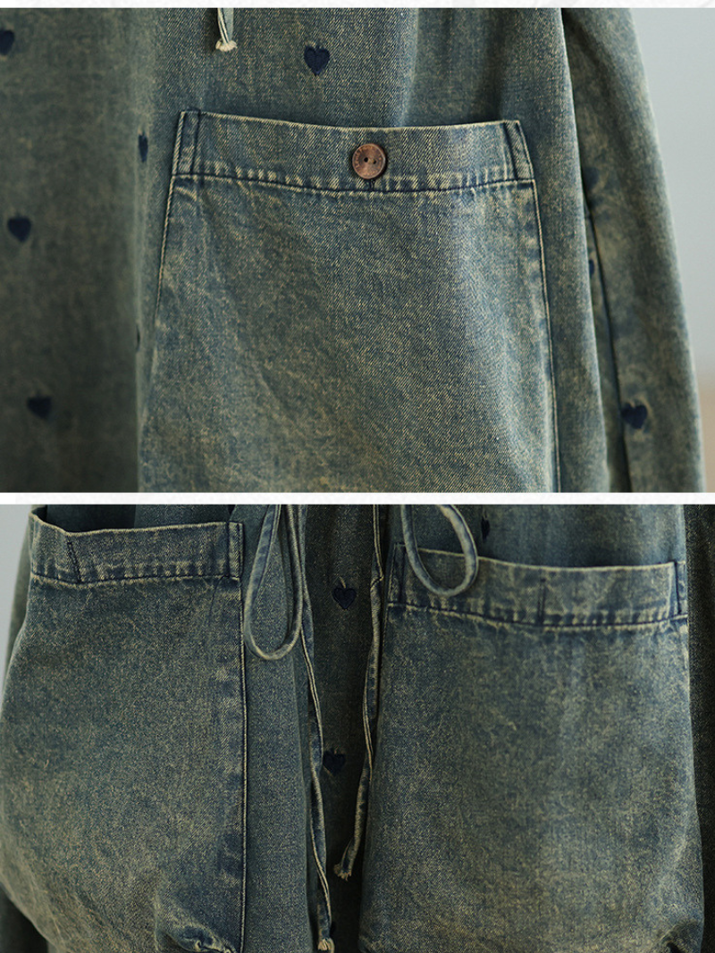 Hooded A-Line Denim Dress with Pockets and Playful Heart Motifs
