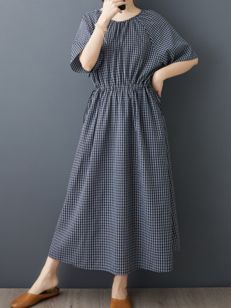 Gingham Midi Dress with Drawstring Waist in Cotton Blend Fabric