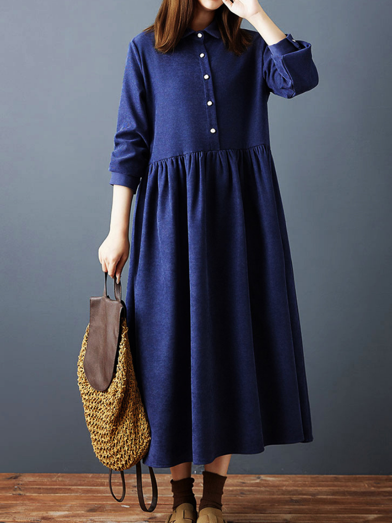Collared Button-Front Midi Dress with Gathered Skirt, Stretch Spandex Elegance