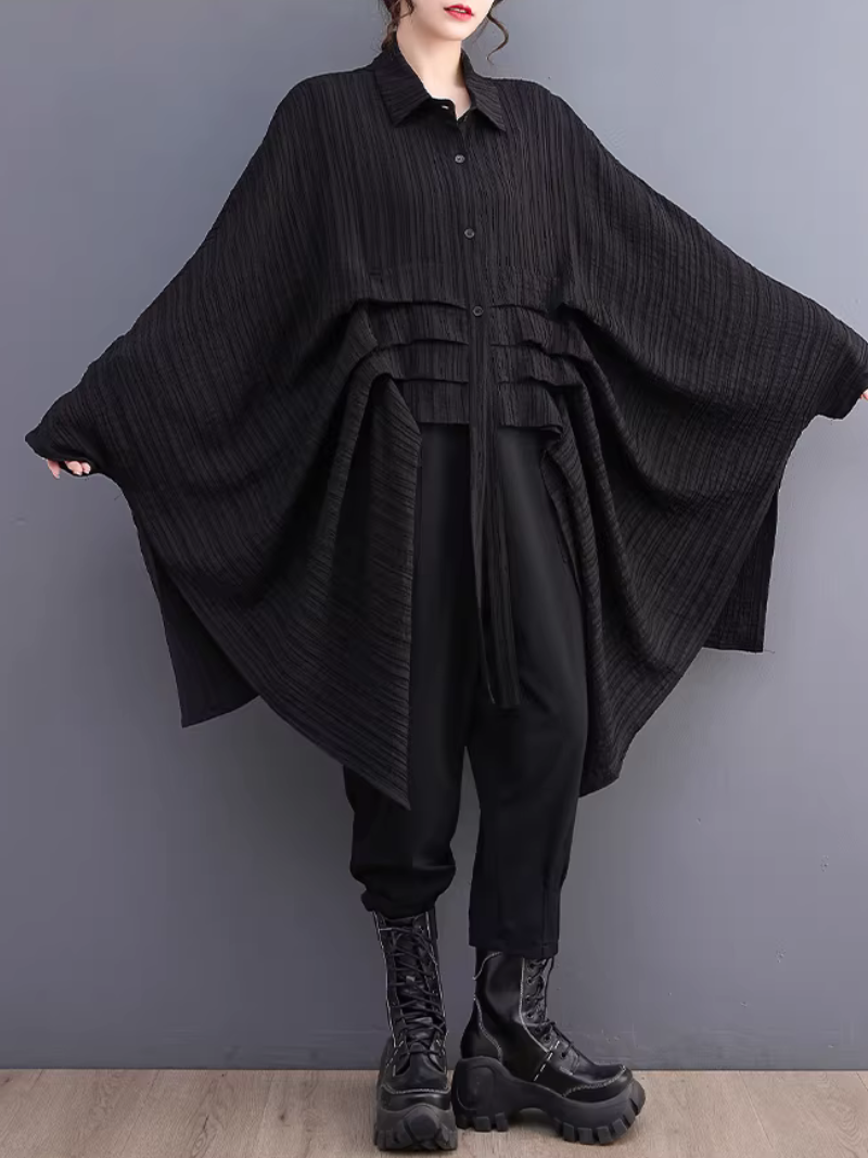 Asymmetric Pleated Oversized Shirt Tunic in Polyester, Sculptural Statement Blouse