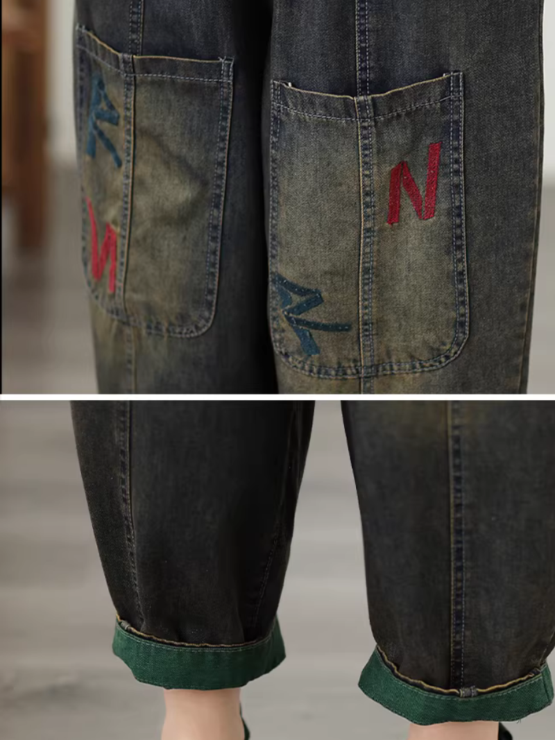 Artisanal Patch-Pocket Relaxed Tapered Pants in Denim Cotton, Women’s Jeans