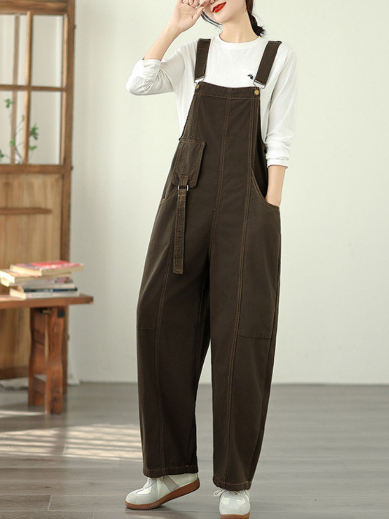 Wide-Leg Denim Cotton Overalls with Adjustable Straps for Women
