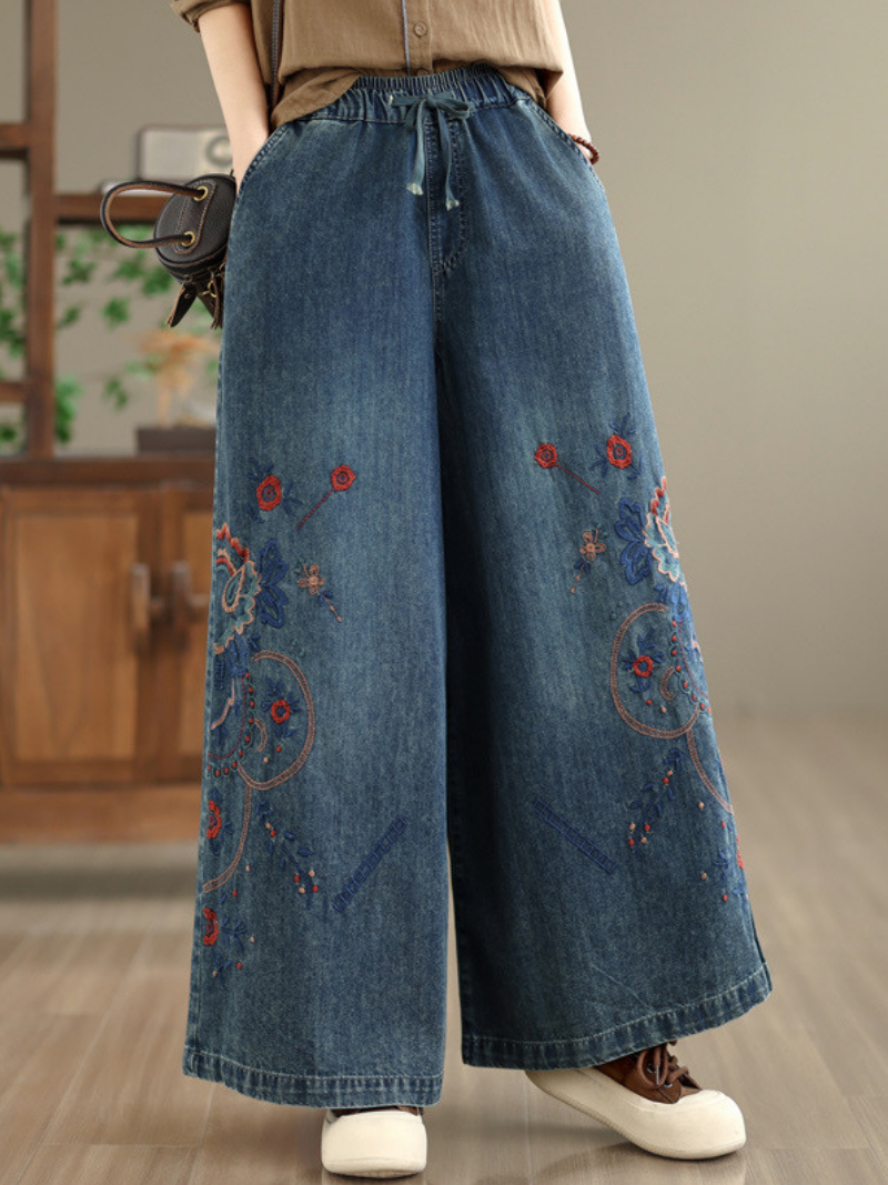 Artisanal Embroidered Wide-Leg Denim Cotton Pants with Drawstring Waist and Pockets