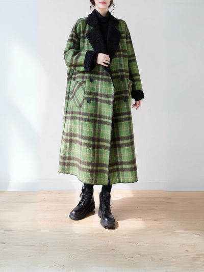 Women's Velvet Loose Lambswool Plaid Side Pockets Coat