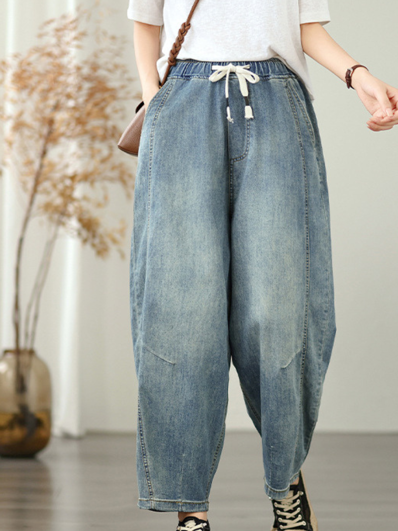 Barrel-Leg Pull-On Denim Cotton Pants for Women, Relaxed Tapered Jeans