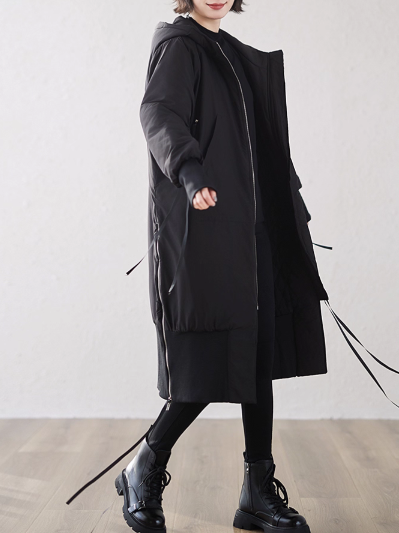 Minimal Longline Hooded Coat for Women, Sleek Zipped Parka Outerwear