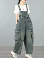 Relaxed Utility Denim Overalls with Cargo Pockets and Adjustable Straps for Women