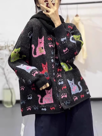 Women's Winter Print Cartoon Loose knitted Warm Cardigan