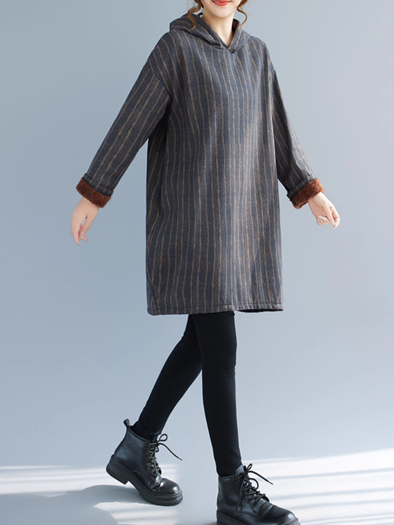 Striped Cotton Hooded Tunic Dress, Relaxed Oversized Minimal Weekend Chic