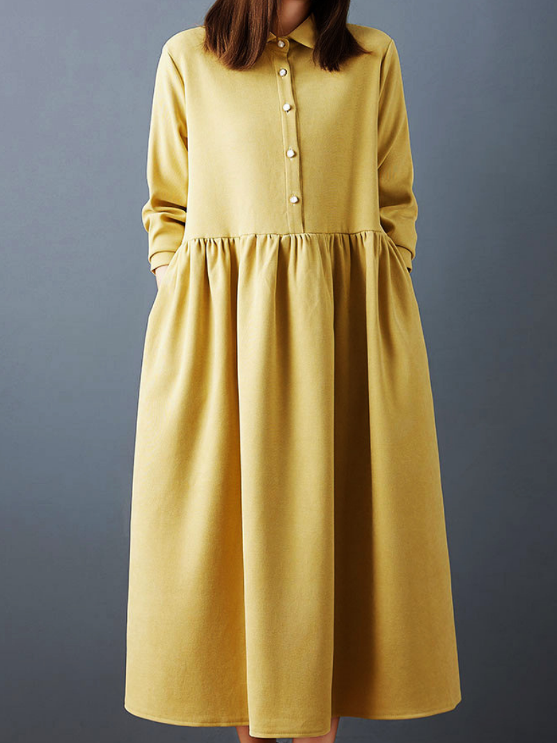 Collared Button-Front Midi Dress with Gathered Skirt, Stretch Spandex Elegance