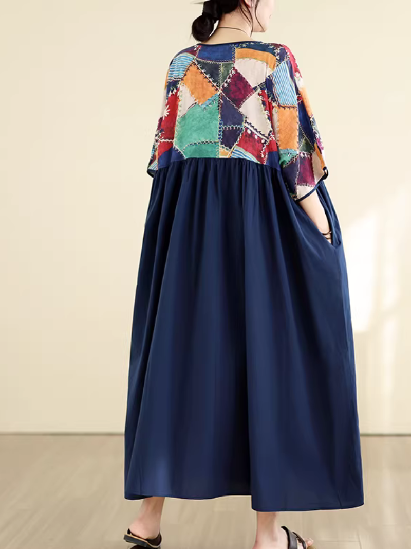 Patchwork V-Neck Boho Maxi Dress in Soft Viscose Blend Elegance