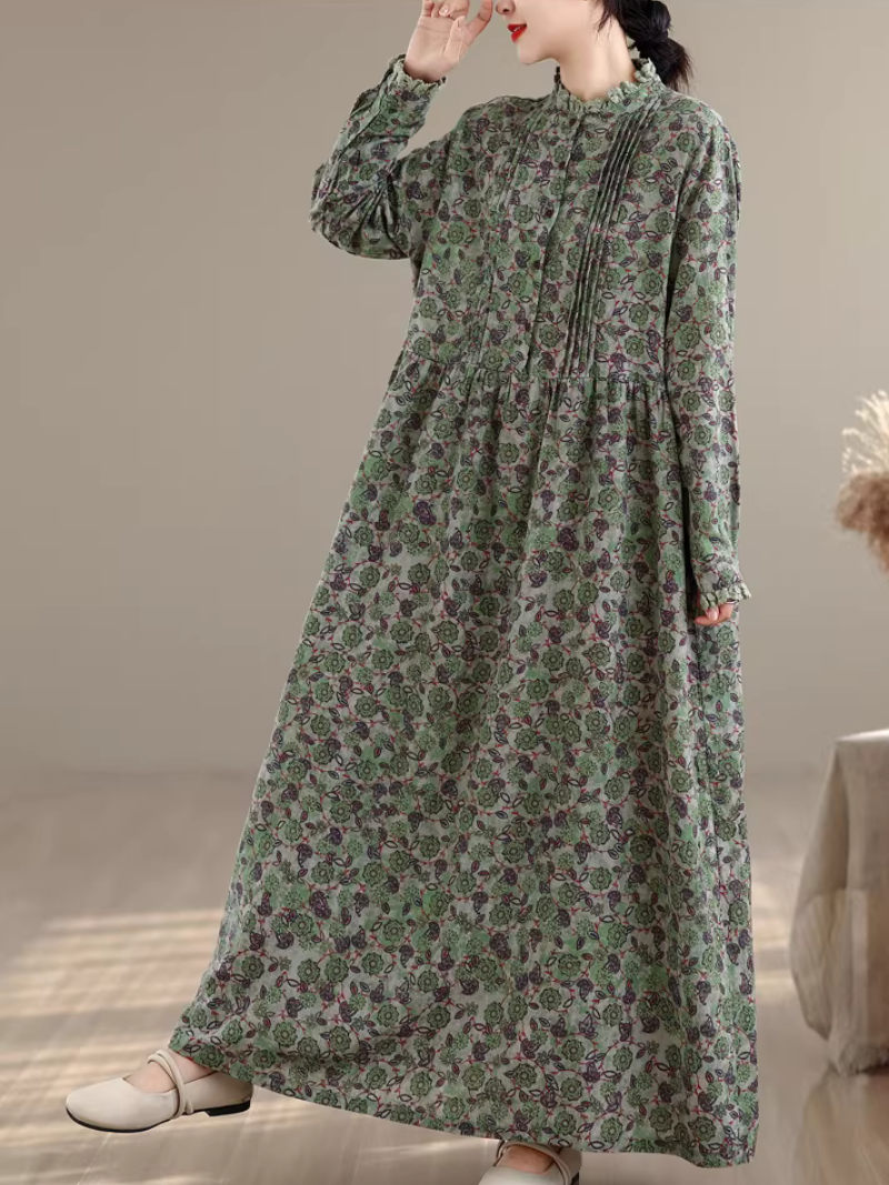 Artful Floral Cotton Boho Maxi Dress with Pintucks and Long Sleeves