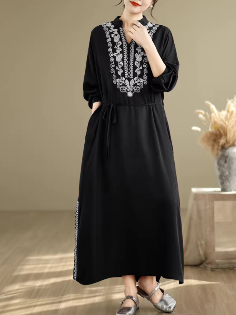 Embroidered Cotton-Linen Kaftan Maxi Dress with Mandarin Neckline