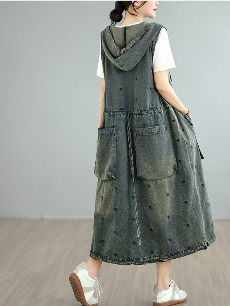 Hooded A-Line Denim Dress with Pockets and Playful Heart Motifs