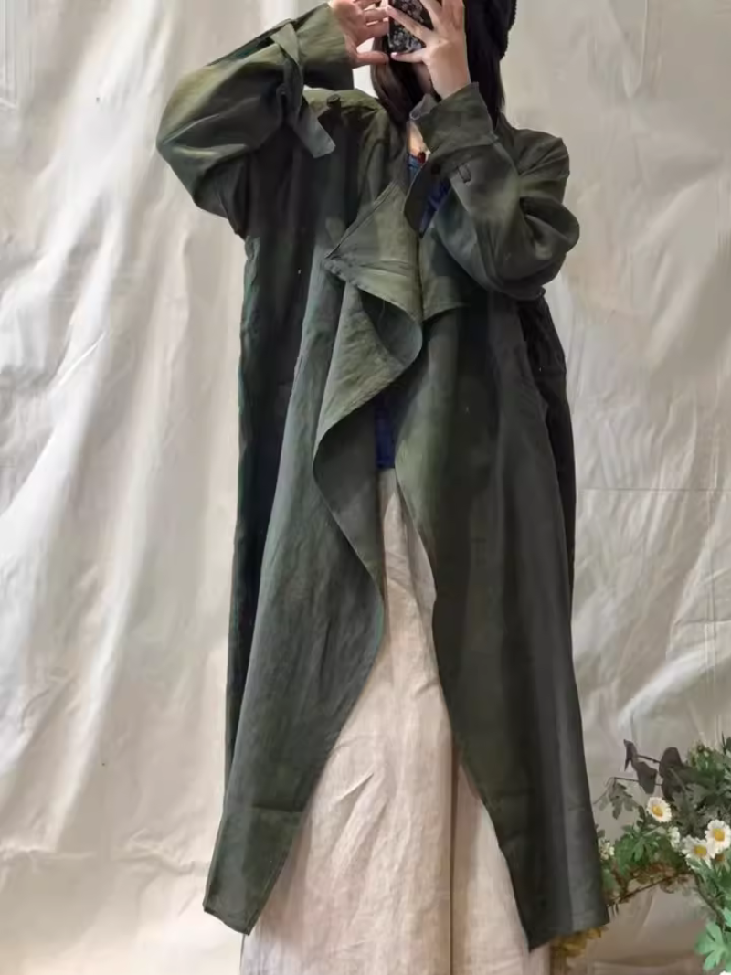 Women's Draped Waterfall Trench Coat in Breathable Cotton-Linen, Minimal Elegance