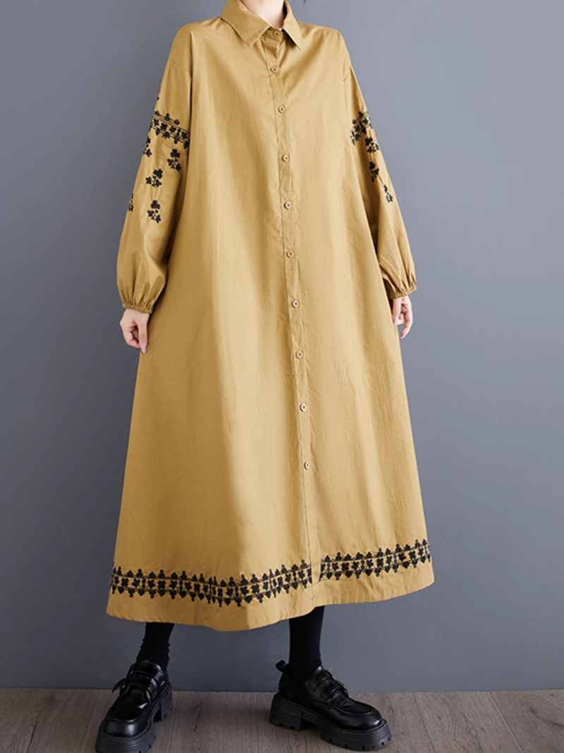 Embroidered Button-Front Shirt Dress with Lantern Sleeves, Chic and Elegant