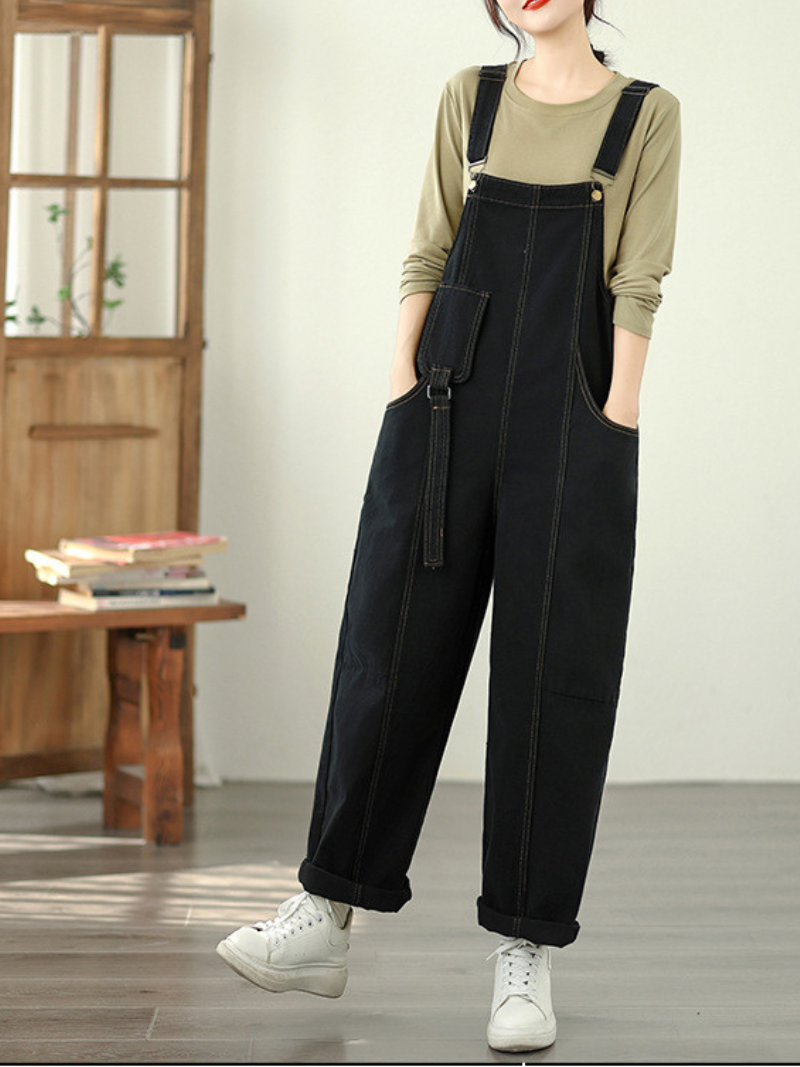 Wide-Leg Denim Cotton Overalls with Adjustable Straps for Women