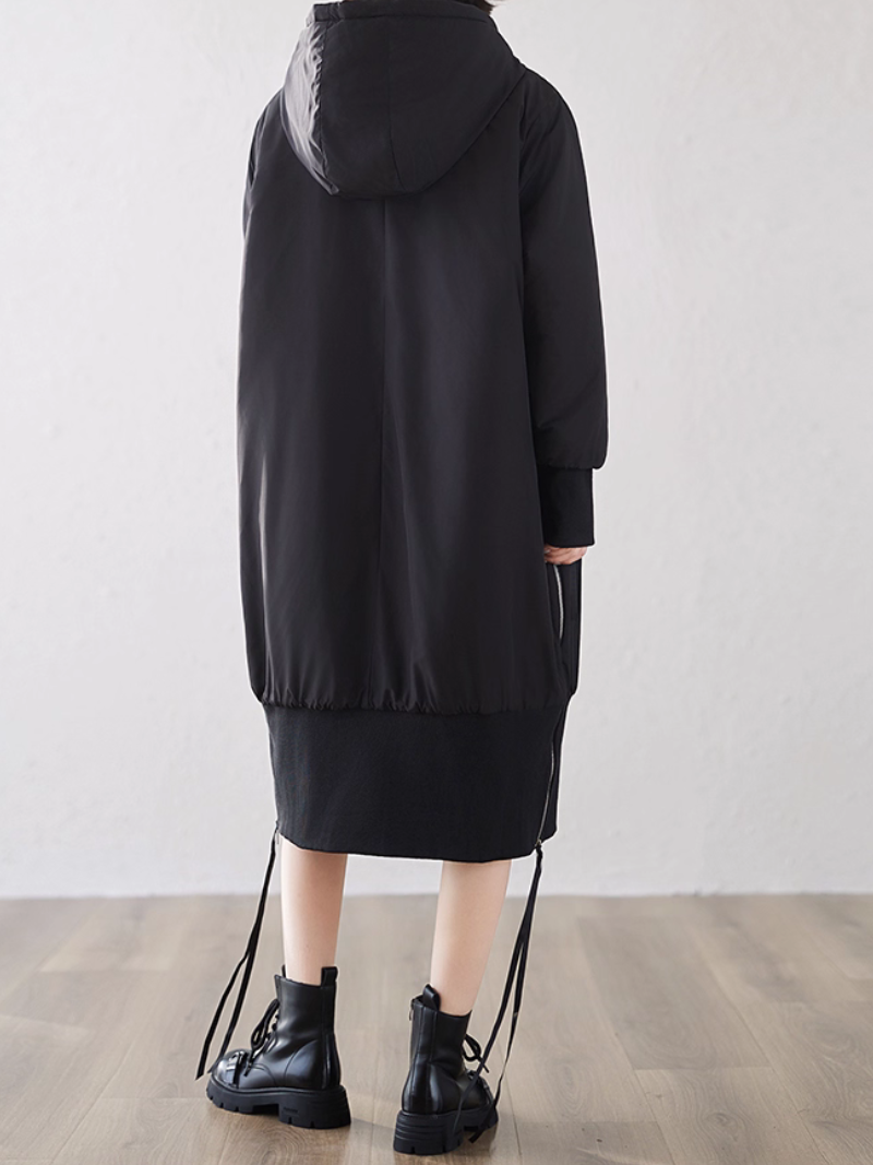 Minimal Longline Hooded Coat for Women, Sleek Zipped Parka Outerwear
