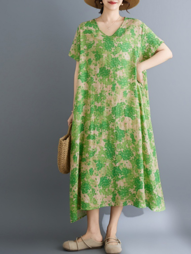 Airy Trapeze Cotton Summer Dress with Artful Print and V‑Neck