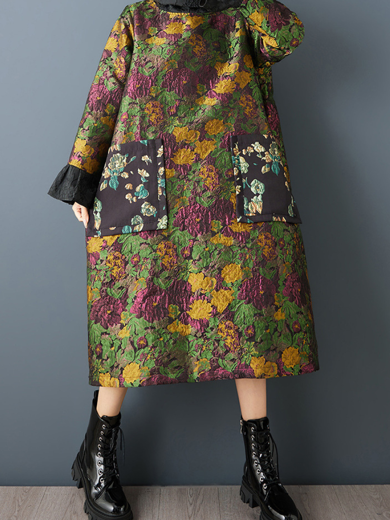 Quilted Jacquard Floral Cocoon Midi Dress with Artful Patch Pockets