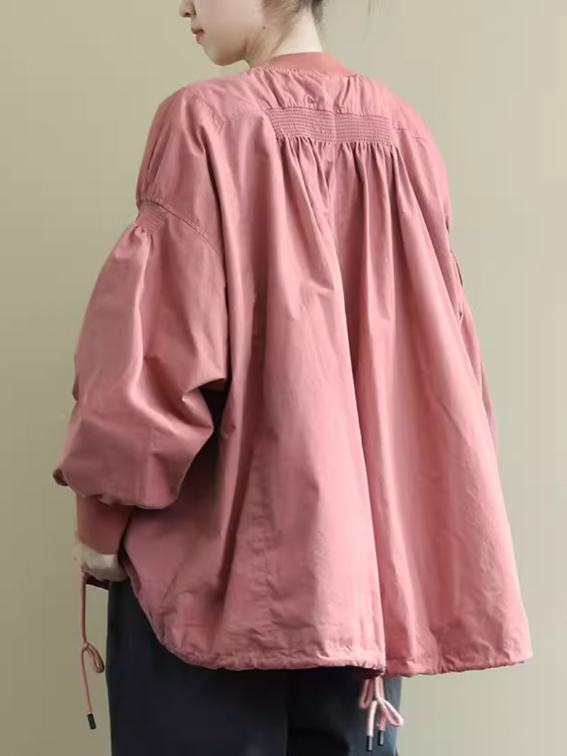 Oversized Ruched-Sleeve Women's Bomber Jacket in Cotton-Nylon Blend, Lightweight Chic