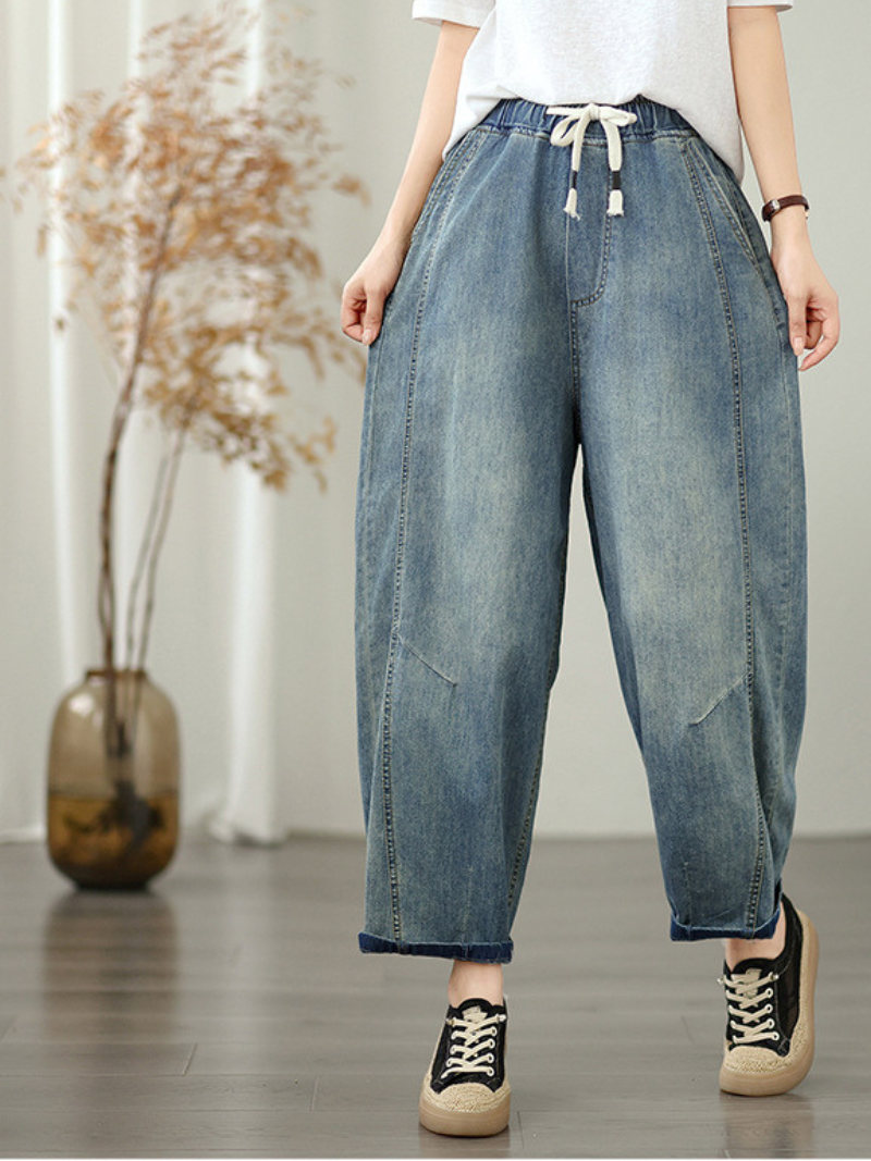 Barrel-Leg Pull-On Denim Cotton Pants for Women, Relaxed Tapered Jeans