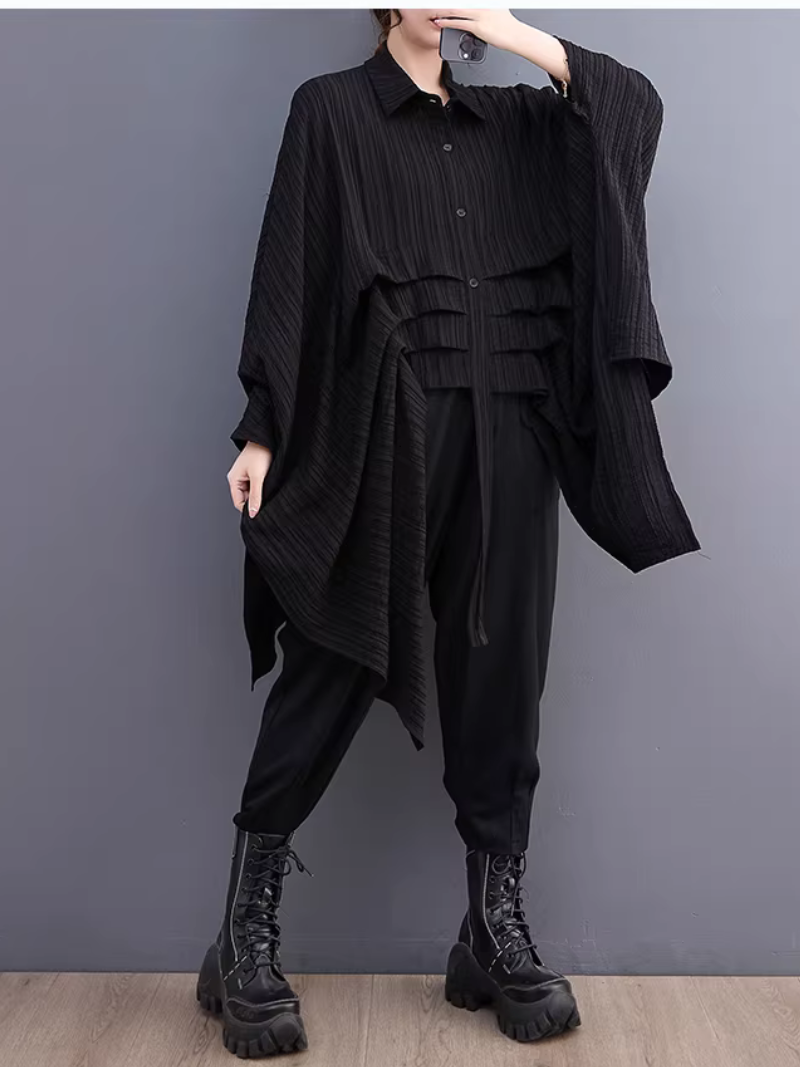 Asymmetric Pleated Oversized Shirt Tunic in Polyester, Sculptural Statement Blouse