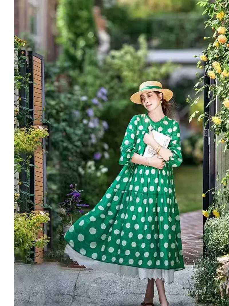 Polka Dot Tiered Midi Dress in Breathable Cotton Blend Elegance