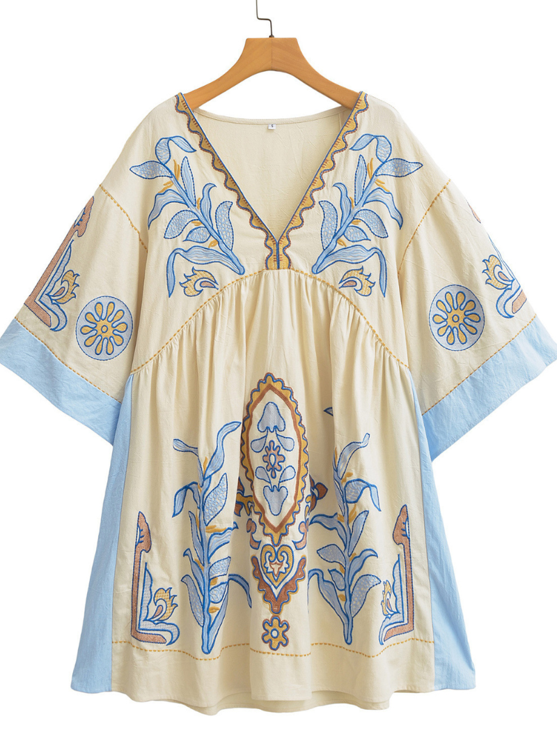 Women's Summer Casual V-neck Loose Embroidered Kimono Dress