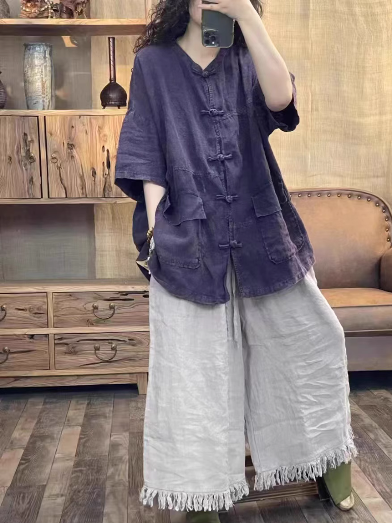 Women's Summer Retro Linen Buttoned Midi Loose Cardigan Dress