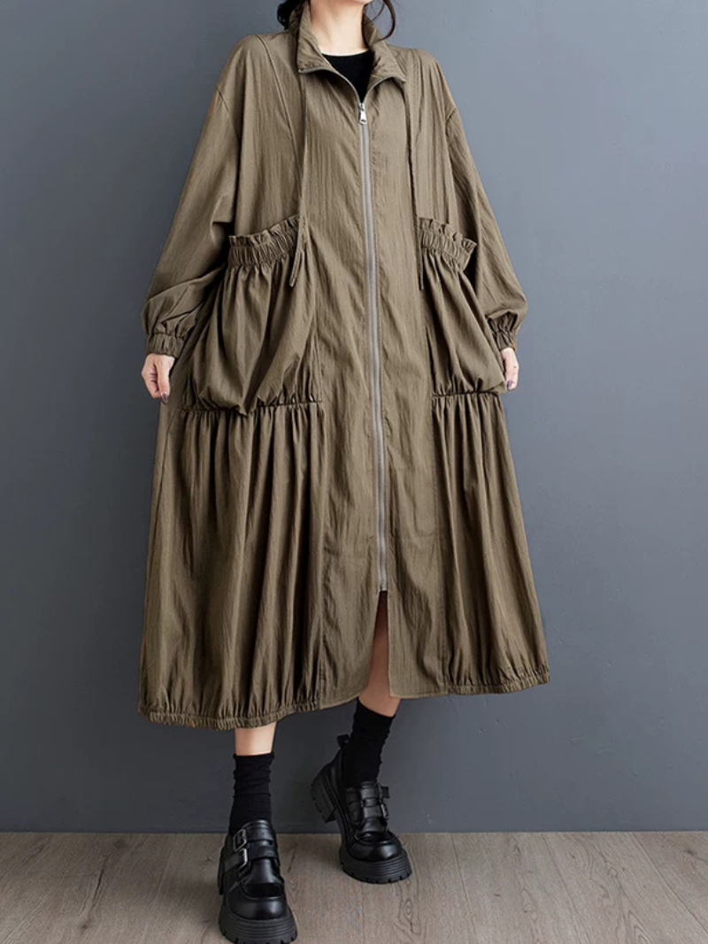 City-to-Weekend Confidence Coat-Dress — Flowing Tiered Zip-Front Midi
