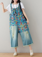 Boho Wide-Leg Denim Overalls with Vibrant Floral Print | Eva Trends