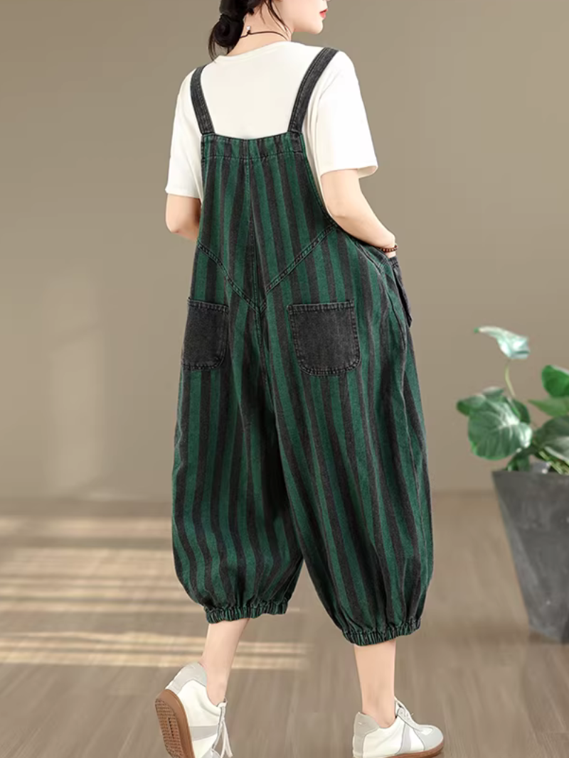 Chic striped cotton-blend harem overalls with patch pockets for women