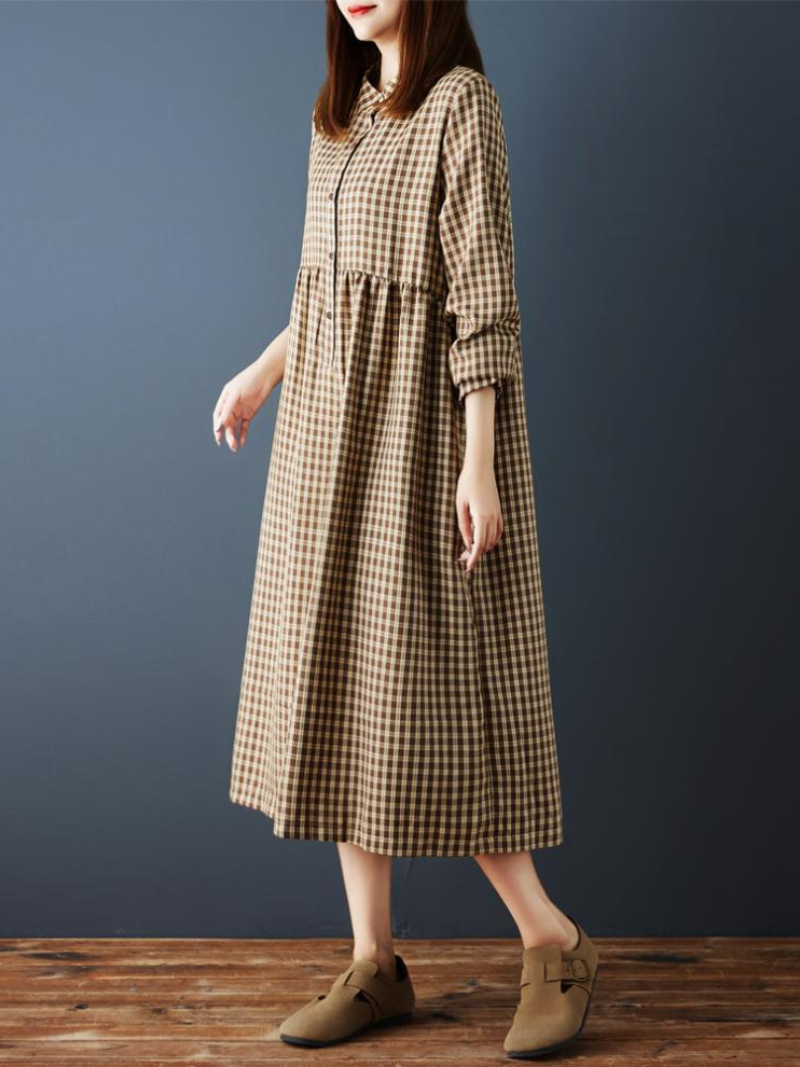 Gingham Cotton-Linen Midi Shirt Dress with Pockets and Gentle Volume