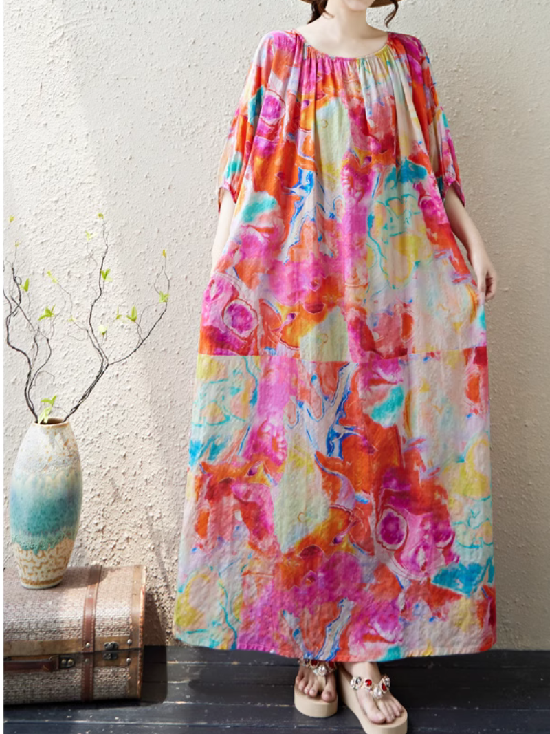 Women's Retro Elastic Summer Printed A-line Kaftan Dress